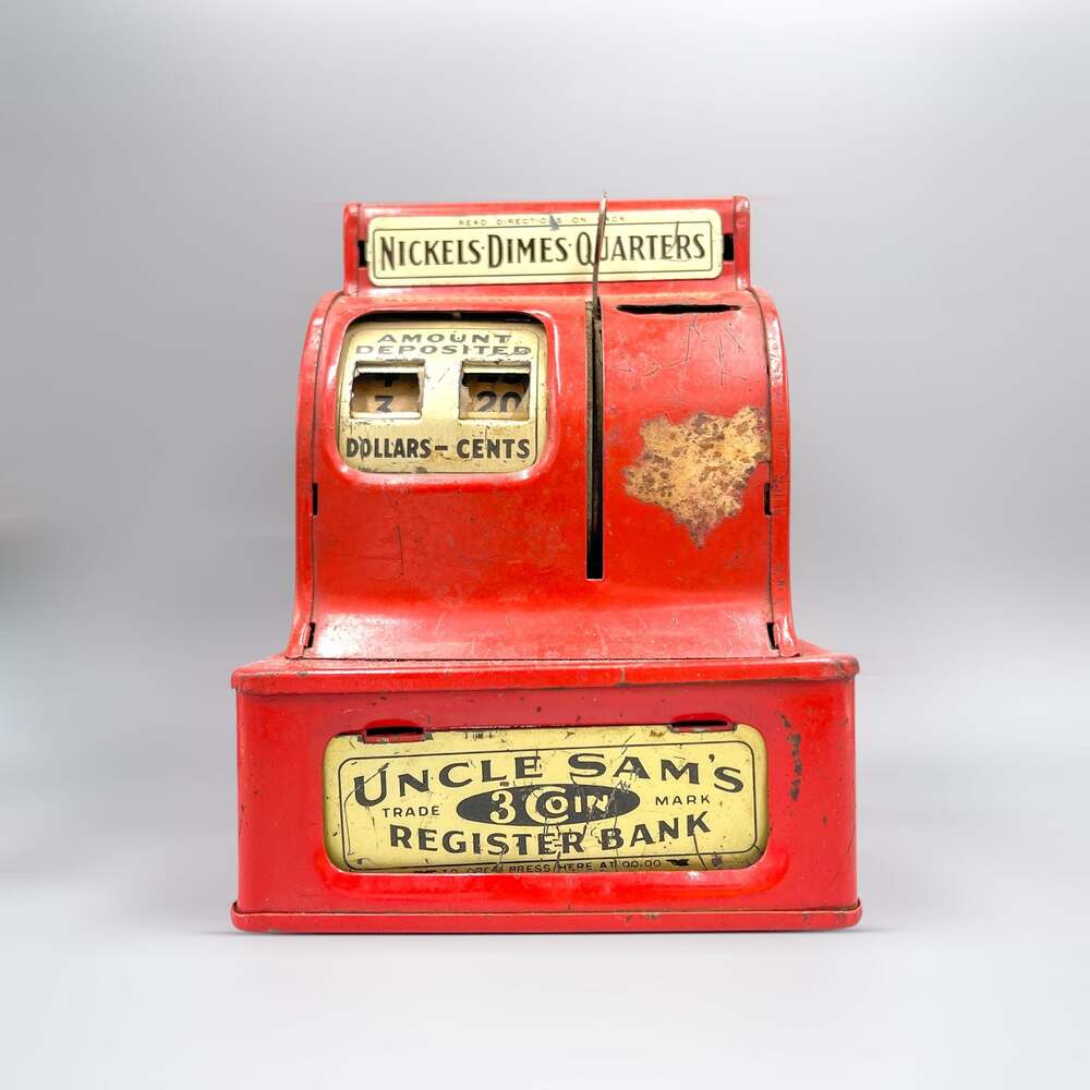 Vintage Uncle Sam's 3 Coin Register Bank Red Metal Toy Cash Register
